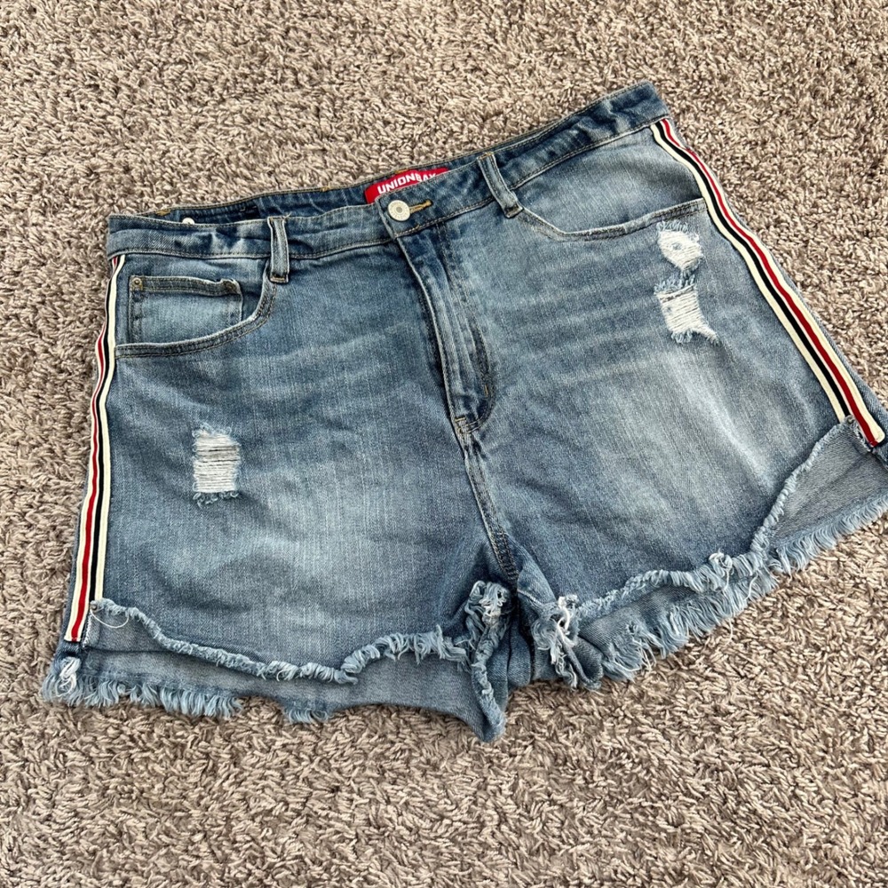 Vintage y2k Unionbay Womens High Rise Distressed Denim Short Side Stripe Blue 15